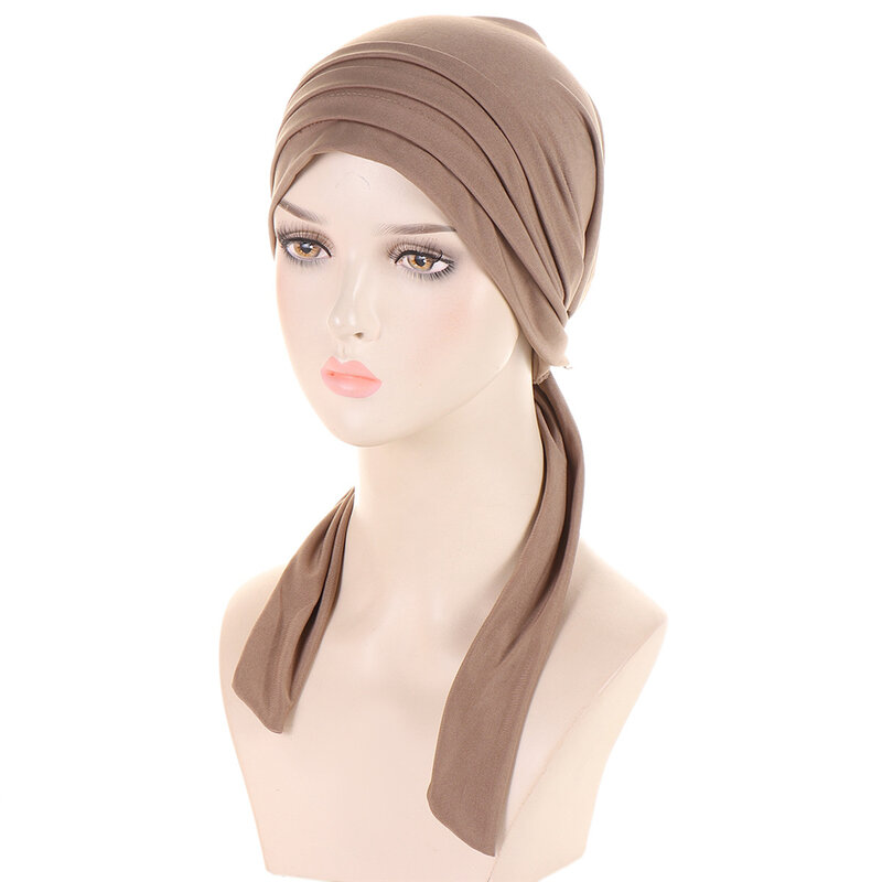 Donne musulmane Stretch Solid rughe turbante cappello cancro chemio berretti berretti sciarpa Pre-legata copricapo copricapo accessori per capelli placcati