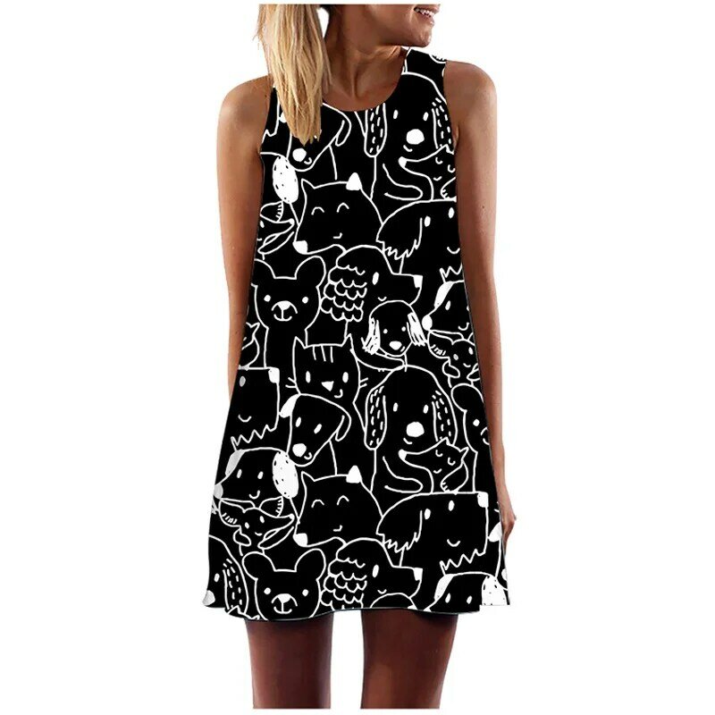 Summer Women's Dress Tank Top Line Funny Print Pattern Abstract O Neck Mini Dress Sleeveless Casual Loose A-Line Sun Dress