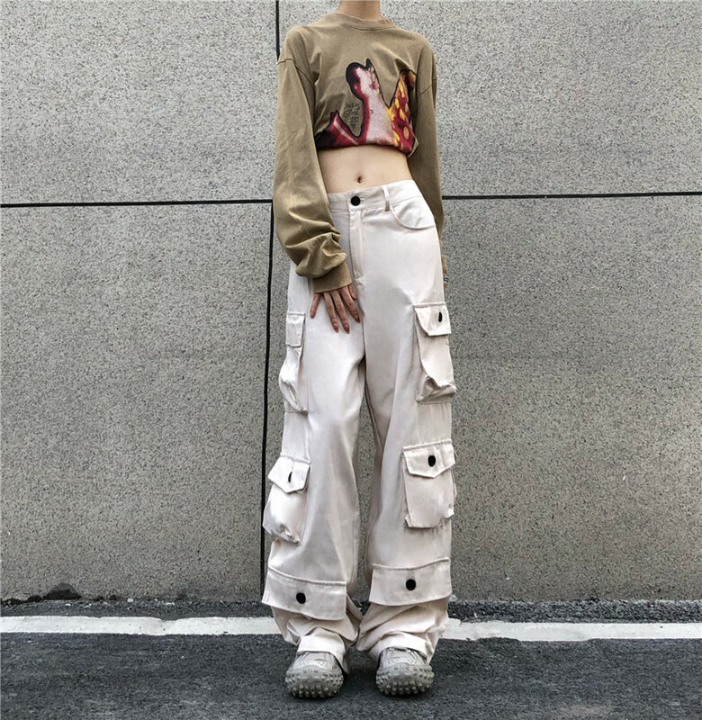 Women Apricot Cargo Pants Harajuku Streetwear Baggy Parachute Pants Y2k 2000s 90s Aesthetic Pants Vintage Trousers Clothes 2024