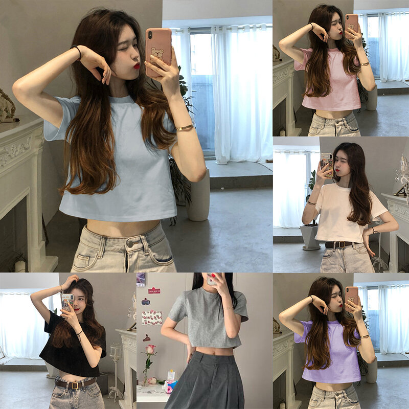 Camiseta ajustada para mujer, ropa de calle de Color sólido, Vintage, básica, transpirable, recortada, estilo coreano, moda de verano