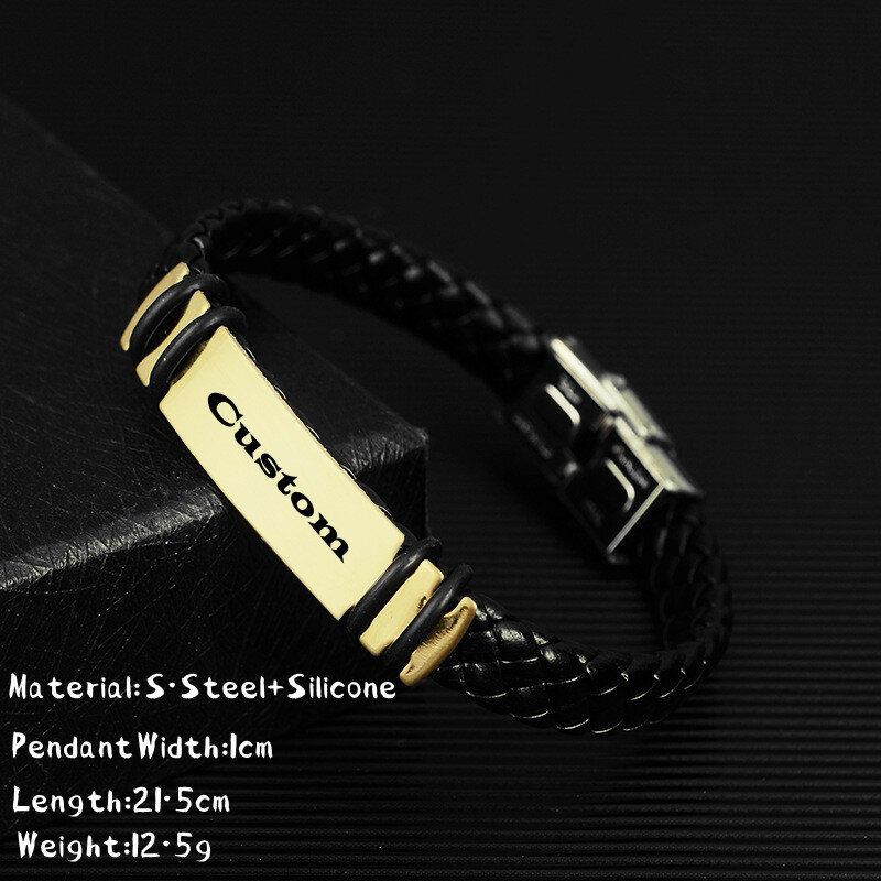 Custom Logo Name Engrave Leather Bangle Hand Made Bracelet Customized Stainless Steel Bracelets For Men ID Bracelet Jewelry Gift