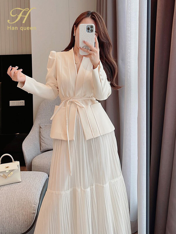 H Han Queen jesień nowa spódnica garnitur kobiety elegancki koreańska koronka-Up moda marynarka + długa siatka spódnica na co dzień wieczór Party 2-sztuka zestaw