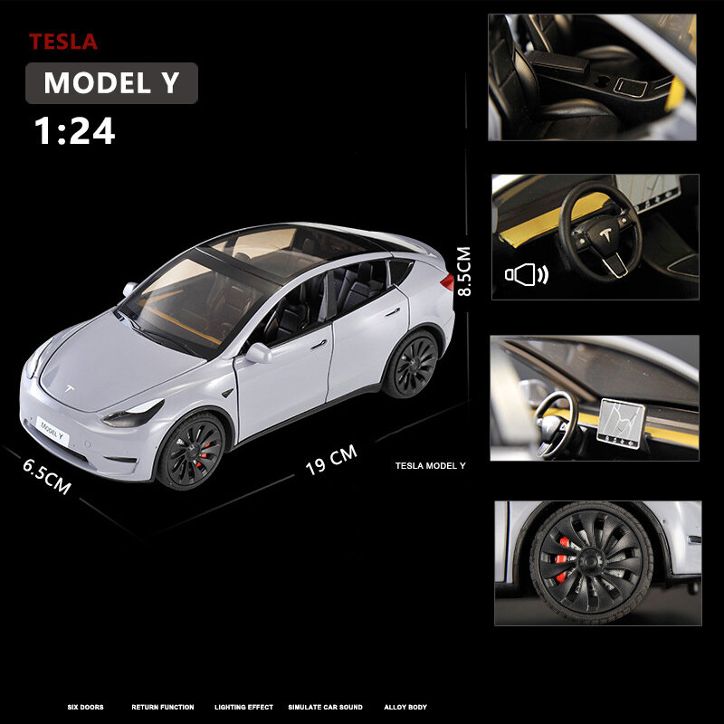 1:24 Teslas Model Y Model 3 dengan pengisi daya tumpukan paduan mobil mainan Die Cast Model mobil suara dan cahaya hadiah koleksi anak-anak