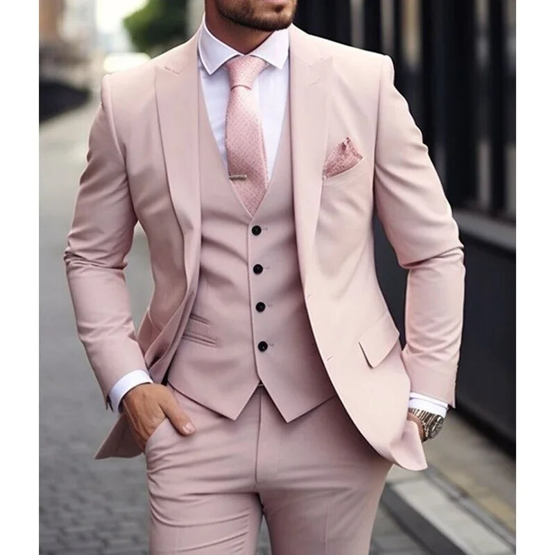 Traje rosa de lujo para hombre, chaqueta de 3 piezas, pantalón con chaleco, esmoquin para novio, boda, ocasión Formal, 2024