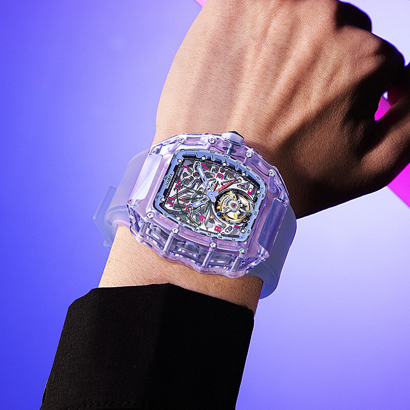 Haofa Flying Tourbillon Crystal Horloge Voor Mannen Luxe Transparante Uitholling Waterdichte Lichtgevende Automatische Mechanische Horloges 2210