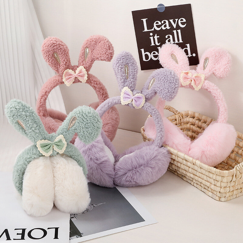 Rabbit Ear Bow Folding Earmuffs para mulheres e meninas, Mantenha-se aquecido no inverno, Lolita Spice Ear Protection, Sweet Everyday, Presentes de Natal