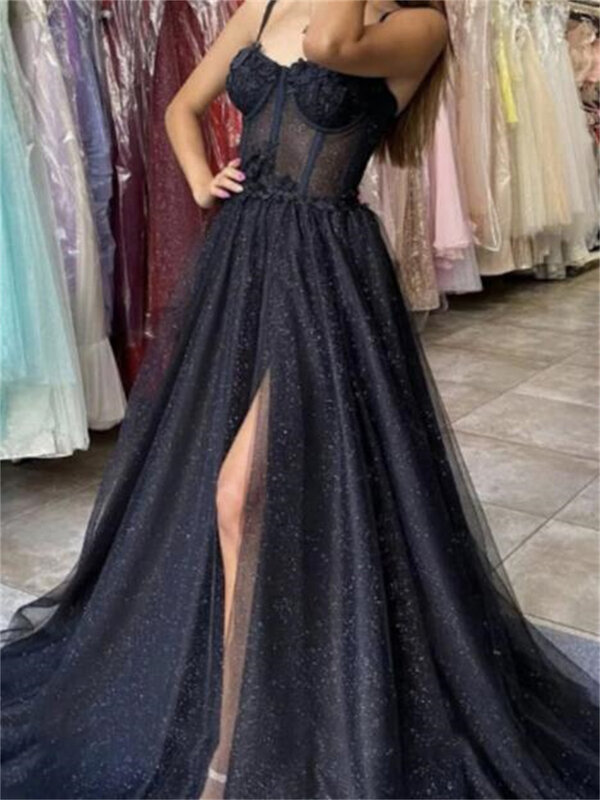 SuleaDress Black Glitter A Line Tulle Prom Spaghetti Straps Sweetheart Bones Side Slit Long Evening Gown платье с пайетками