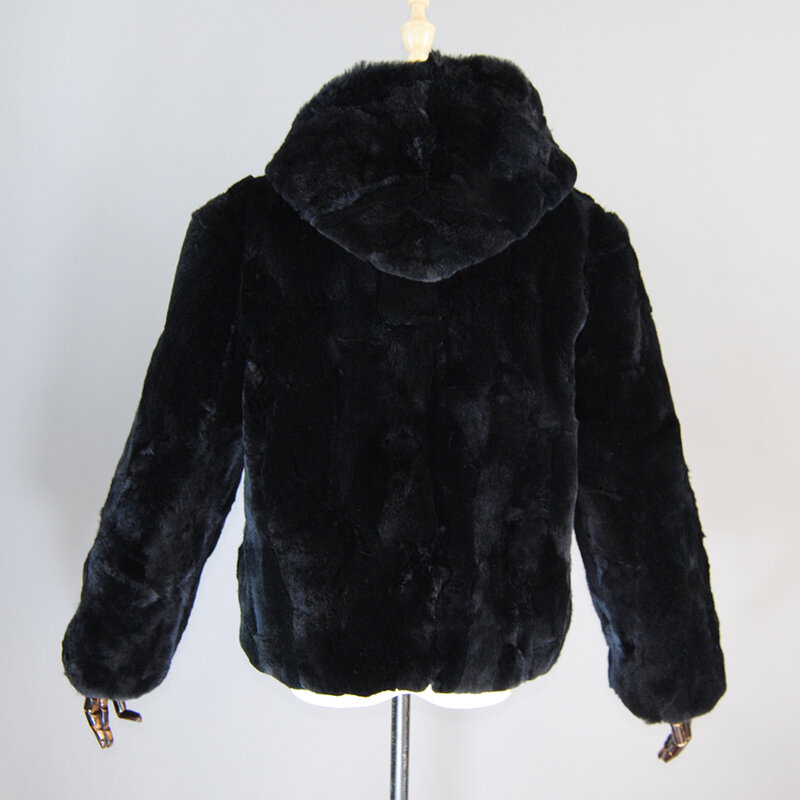 Abrigo grueso de piel de conejo Rex para mujer, Natural y cálida chaqueta con capucha, abrigo con cuello de piel de zorro Real, novedad de invierno, 2024
