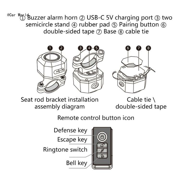 6XDB 充電式バイクワイヤレスアラーム、感度調整可能なリモコン付き