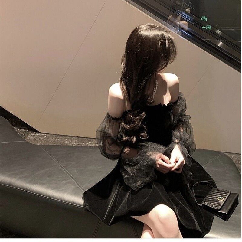 ใหม่2022สีดำย้อนยุคผู้หญิงลูกไม้ชีฟองชุดมินิเดรสหญิง High Street เซ็กซี่ MODE Korea ชุดผู้หญิงชุดคลับ