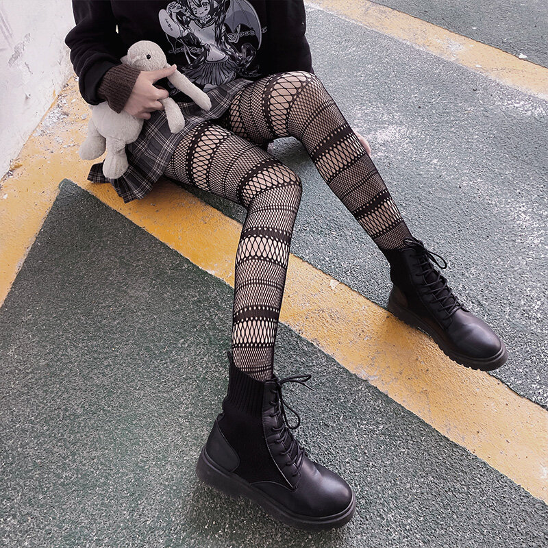 Mulheres meninas goth punk sexy doce fishnet meias meias harajuku listra cruz padrão collants tamanho grande malha meias leggings