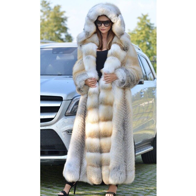 Faux Fur Coat European and American Extended Warm Patchwork Hooded Women's Fur Coat