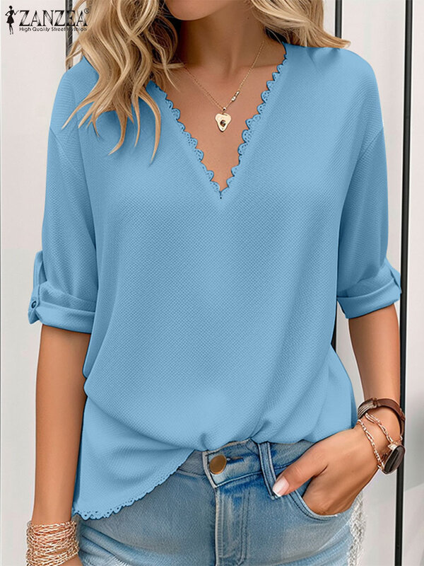 Modne letnie wakacyjne topy damskie eleganckie bluzka do pracy biurowej 2024 ZANZEA z długim rękawem koronka szydełkowa koszula Casual V dekolt bluzy