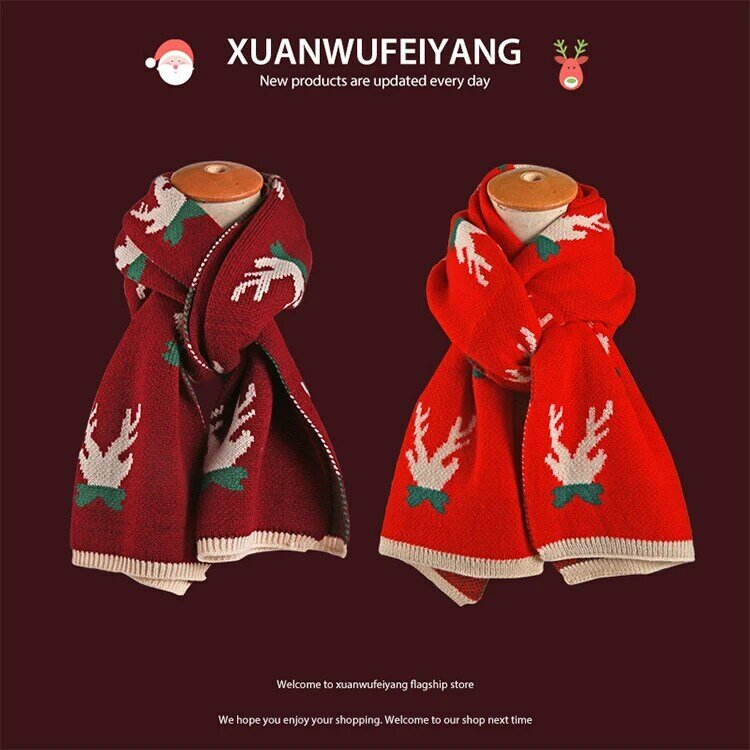2023 wełniany szalik bożonarodzeniowy damski z nadrukiem zima ciepły szal czerwony nowy szalik szyi utrzymać ciepłe chusty