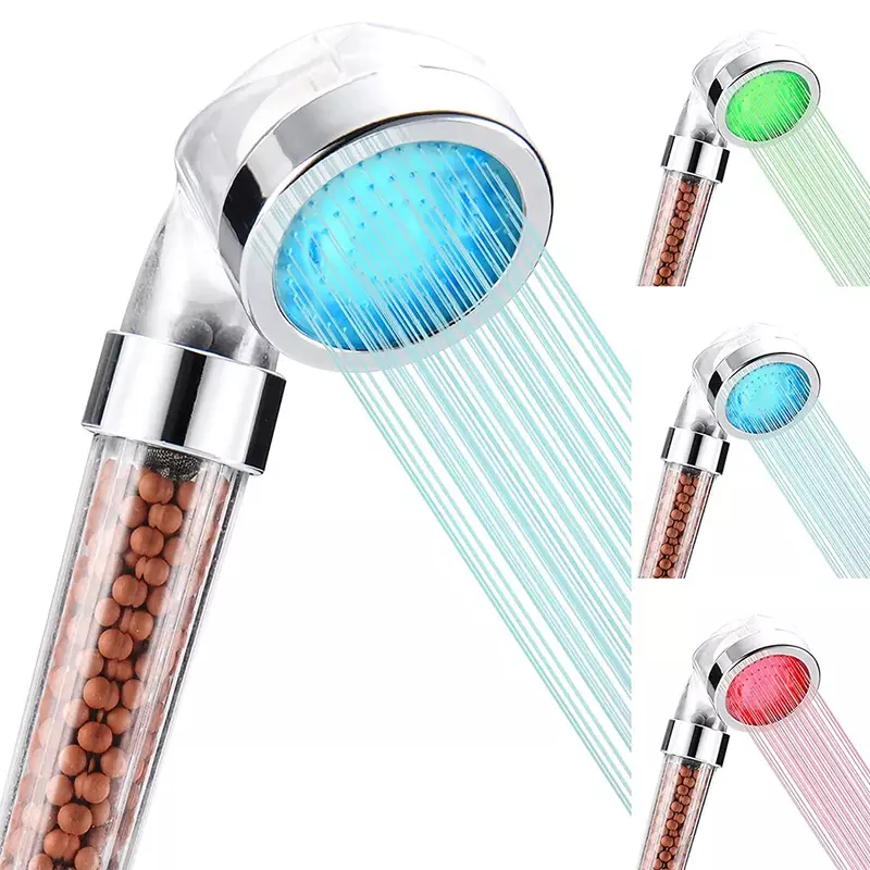 Filter LED tekanan tinggi kepala pancuran, 3 warna Sensor suhu berubah, semprotan hemat air Mineral Anion Spa