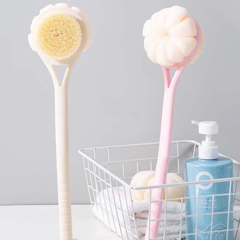 Scrubber per il corpo manico lungo spazzola da bagno doccia esfoliante strumenti per la pulizia della pelle spazzola da bagno lunga rosa massaggiatore per la pelle curva in Nylon