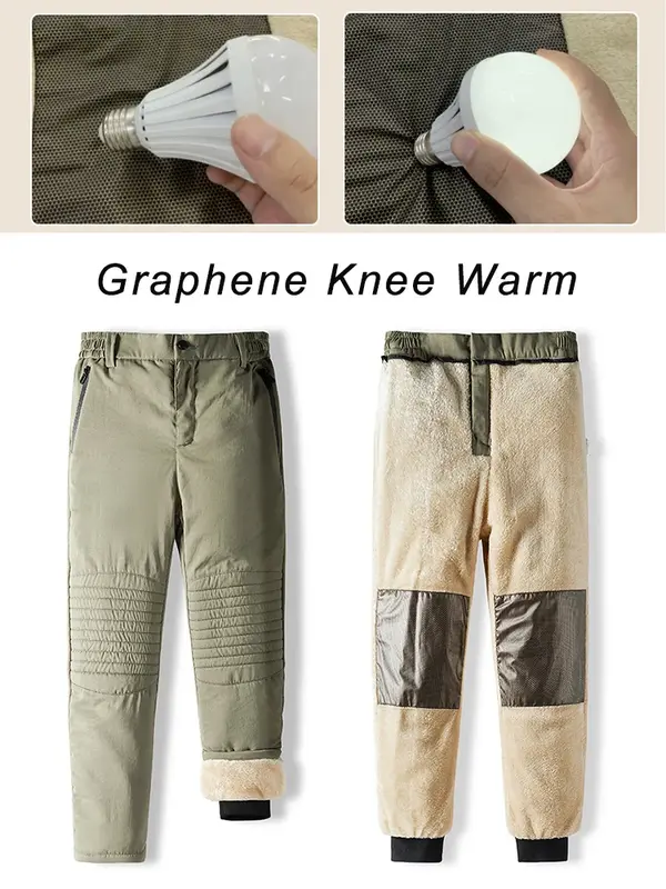 2024 New Zip Pockets Winter Men's Pants Thick Fleece Liner Graphene Fabric Knee Warm Straight Casual Pants Thermal Trousers Male