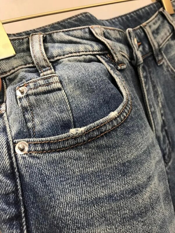 Jeans casual a gamba dritta larghi a vita alta in tinta unita da donna primavera ed estate