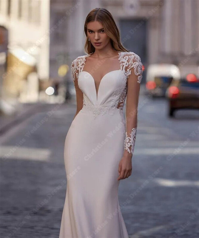 Eleganckie damskie suknie ślubne nowe seksowna satyna syrenka suknie ślubne bez pleców długość mopowania koronki nadruk szat Vestidos De Novia