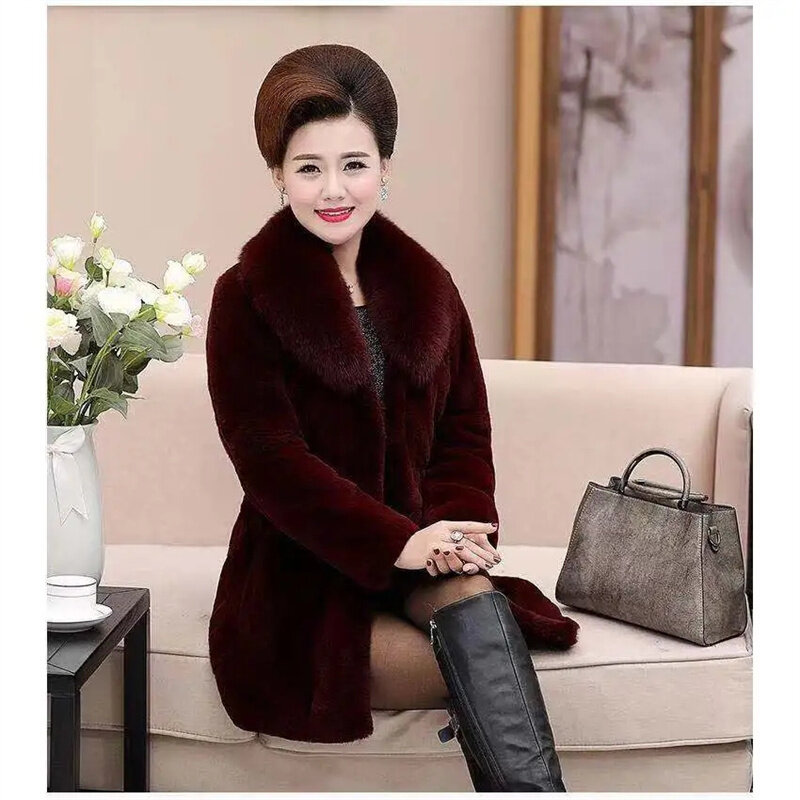 Middle and Old Age New Imitation Rex Rabbit Fur Grass Coat Women's Mid length Fox Fur Collar Large and Thickened Mother's Wear