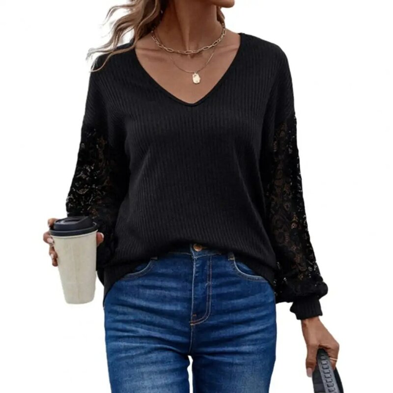 Fashion Women Blouses Tops Elegant V-Neck Lace Patchwork Long Sleeve Solid Color Casual Autumn Bottom Shirt Lady Clothes Office