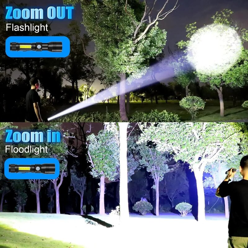 Linterna LED recargable por USB, luz negra UV + Blanca, potente linterna con zoom con imán, a prueba de agua, para acampar al aire libre
