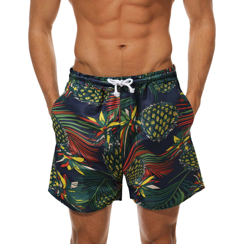 Homens estampados em 3D plantas naturais calções de praia, maiô casual havaiano, bermuda seca rápida, calça de surf, moda calção