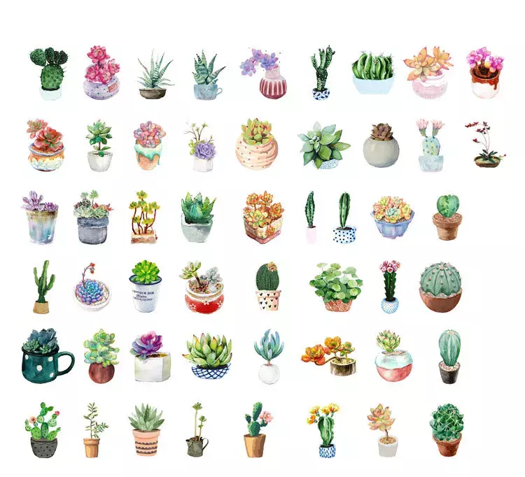 50pcs/case Succulent Plants Coated Paper Stickers Multi Fresh Special-shaped Plants Cactus Aloe Vera Sealing Stickers