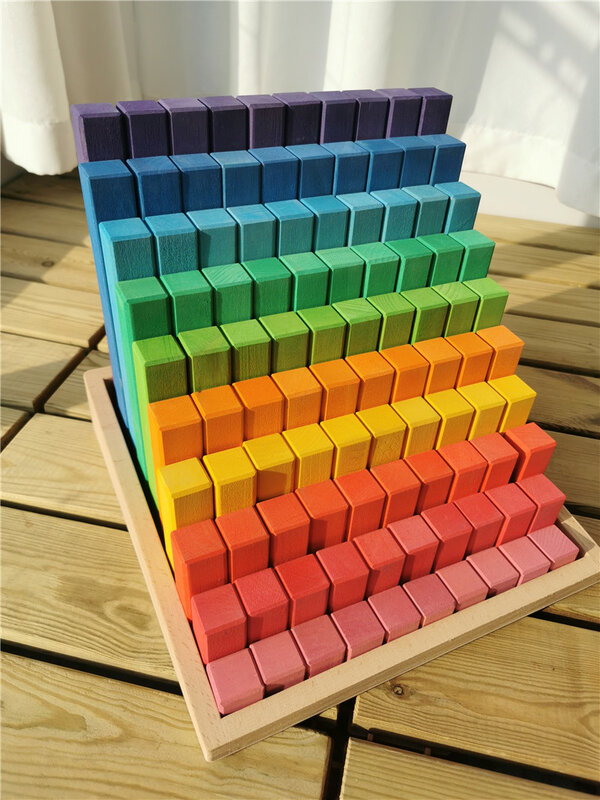 Grande conjunto de blocos de construção de madeira arco-íris empilhamento contagem de madeira quadrado tubo de construção brinquedos para crianças jogo educacional