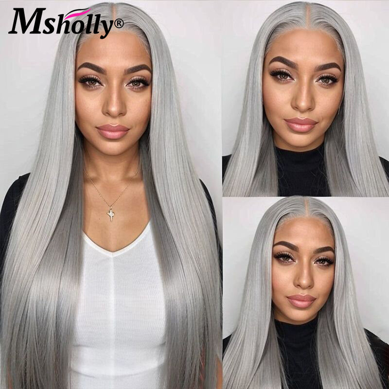 13x4 Silver Grey Straight Human Hair Wigs Gray Colored Lace Front Wig Prepluck With Baby Hair Hairline HD Transparent Brazilian
