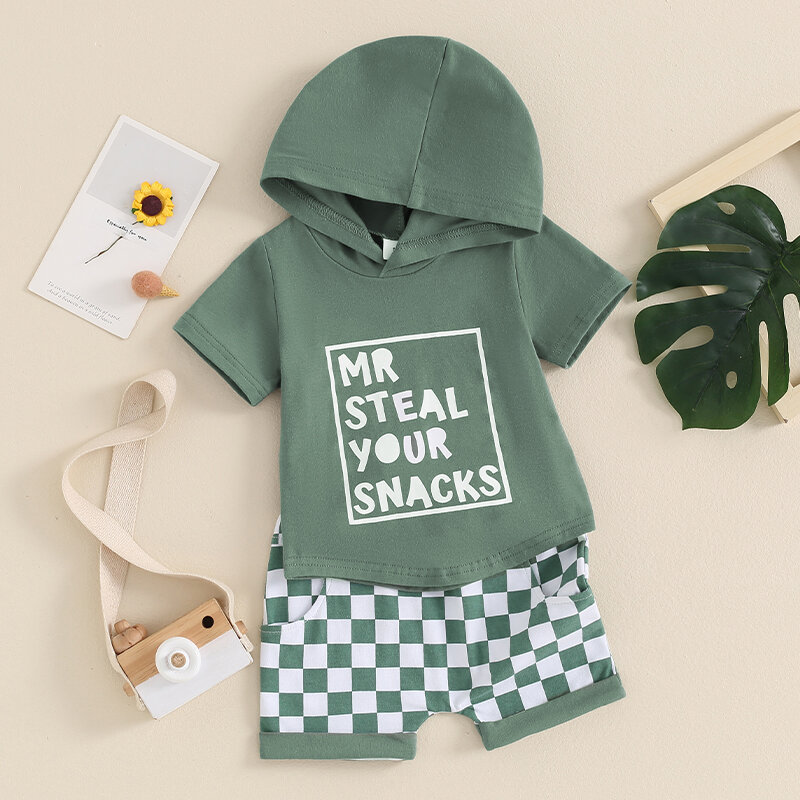 Toddler Baby Boy Summer Clothes Short Sleeve Letter Print Hoodie Top Checkerboard Shorts 2Pcs Outfit