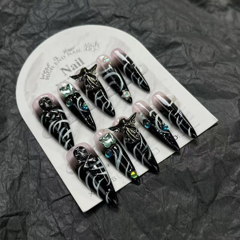 10 Stuks Handgemaakte Pers Op Nagels Zwart Luxe Y 2K Zoete Nepnagels Herbruikbare Volledige Hoes Nail Art Tips Voor Coole Meisjes