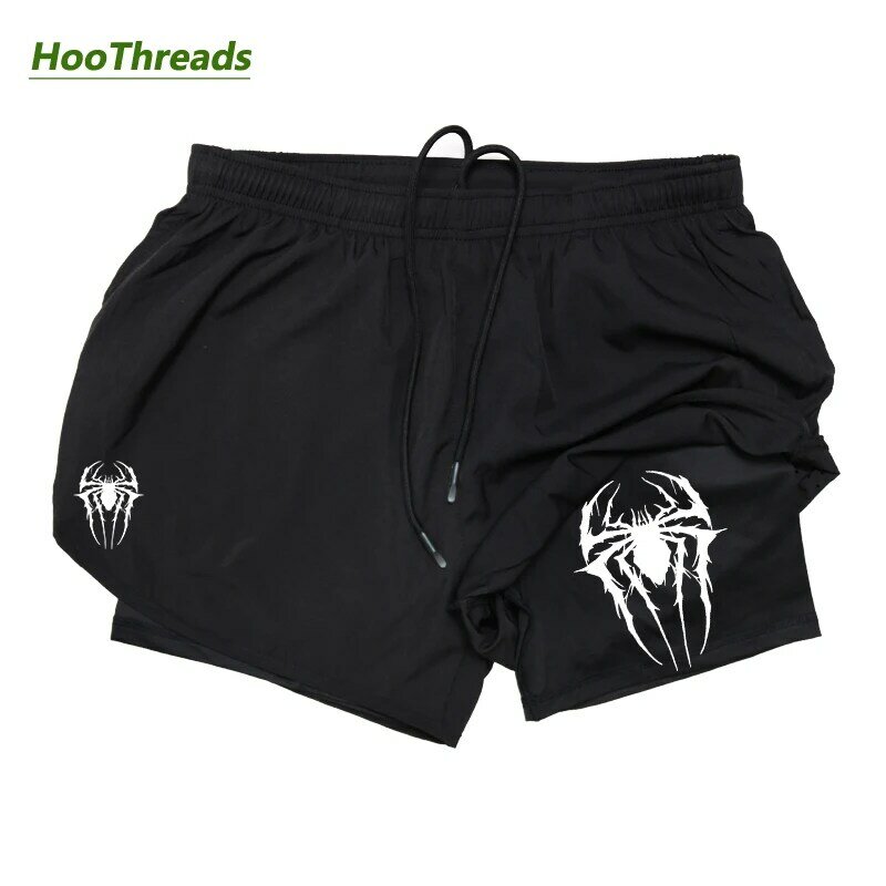 Pantalones cortos 2 en 1 con estampado de araña para hombre, Shorts transpirables de secado rápido para entrenamiento de gimnasio, con bolsillo para teléfono