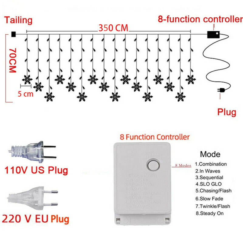 EU Plug 3.5M LED Snowflake Curtain String Light 8 Modes Christmas Garland Fairy Lights for Room Party Wedding Home Decoration