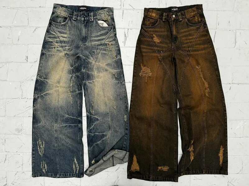 Джинсы Y2k в стиле ретро, потертые мешковатые джинсы с завышенной талией, в стиле панк, хип-хоп, прямые брюки из денима с широкими штанинами, с напуском, уличная одежда