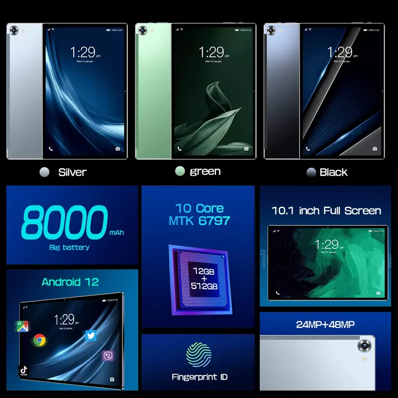 Tablette Android 12 Bluetooth, 12 Go, 2023 Go, Deca Core, 24 + 48MP, WPS + 5G, WiFi, Ordinateur portable, 10.1 ", PA13, Version globale, Ventes chaudes, 512