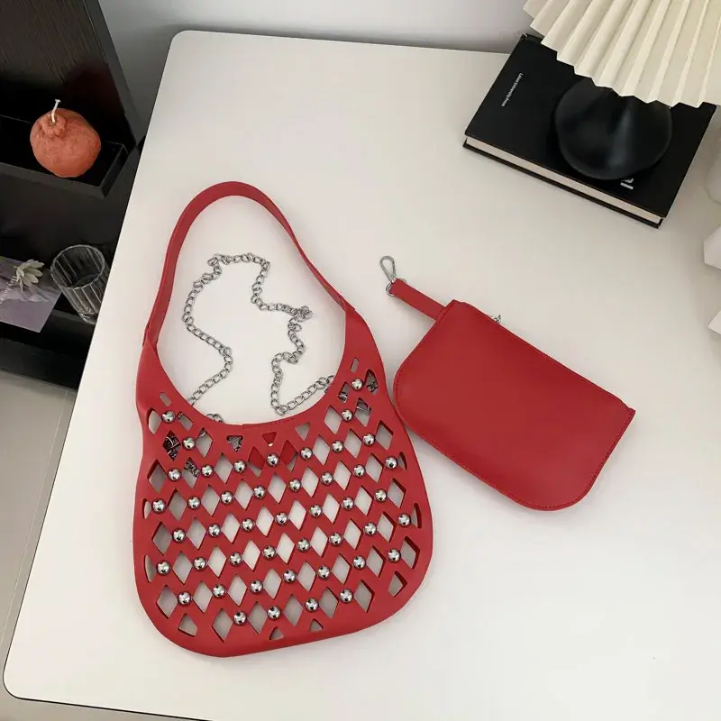 Fashion Shoulder Bags Metal Rivet Handbag Leather Hollowed Out Unique Design Messenger Bag  Underarm Bags 2 Piece Set for Women
