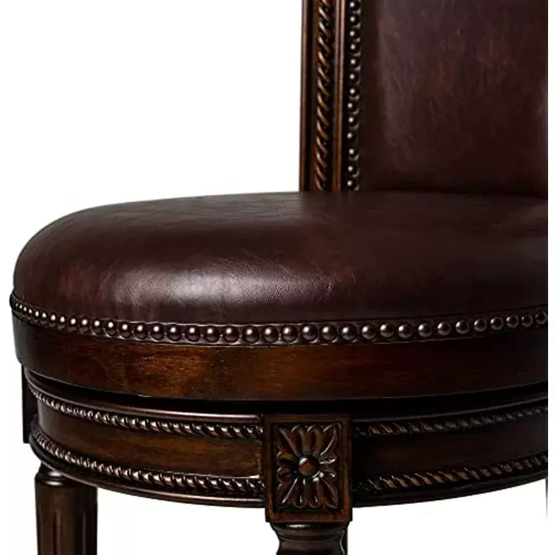 Pullman เก้าอี้บาร์หุ้มเบาะสูง26นิ้ว, เก้าอี้สูงสำหรับวางบนเคาน์เตอร์พร้อมด้วยผิววอลนัทสีเข้มพร้อมที่นั่งเบาะรองหนังสีน้ำตาลวินเทจ