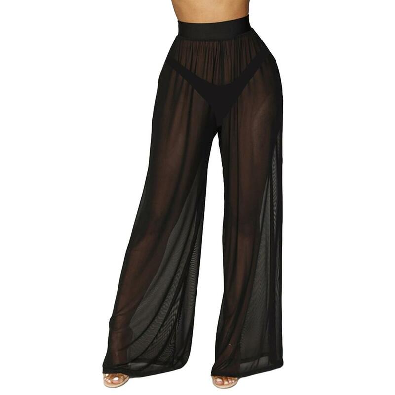 Pants Trousers Solid Color Transparent Women Beach Cover Up Dynamic Elastic Flare High Waist Leg Daily Durable