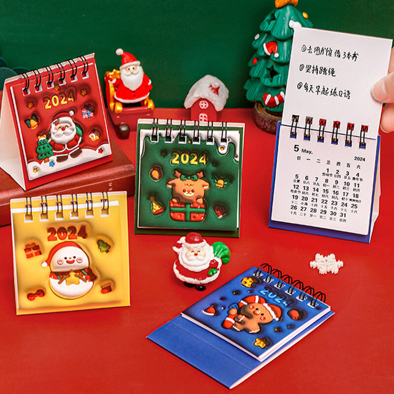 Mini calendrier de bureau de Noël avec anneau de cuir chevelu, calendrier de l'avent du nouvel an, livre d'enregistrement de date de dessin animé, ornements de décoration, cadeau, 2024