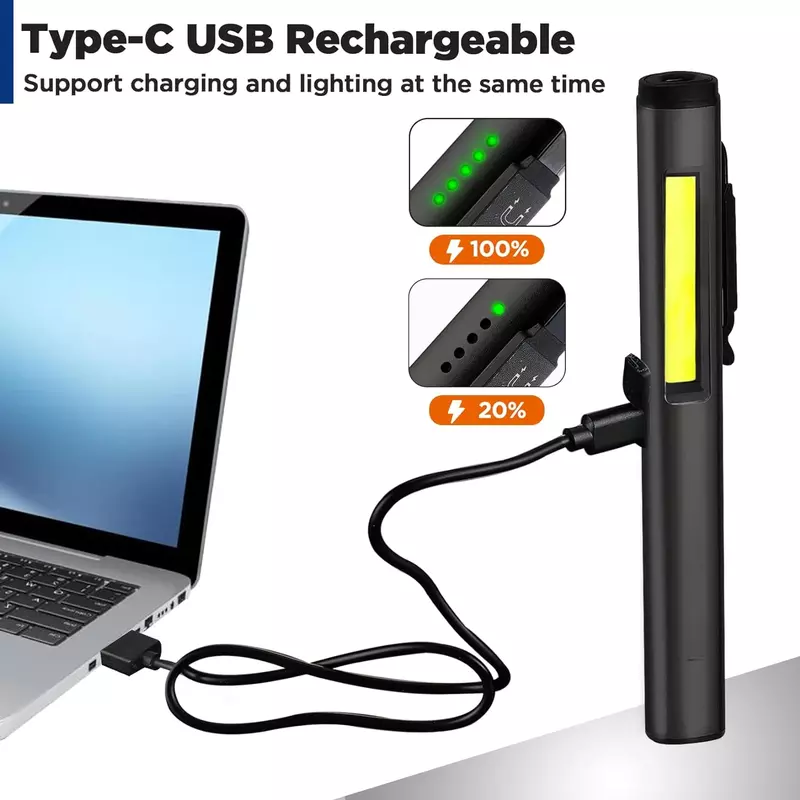 كشاف LED صغير USB قابل لإعادة الشحن ، مشبك قلم متعدد الوظائف ، 800mAh ، 36nm ، ضوء الأشعة فوق البنفسجية ، COB ، التخييم ، إصلاح العمل ، 4 في 1