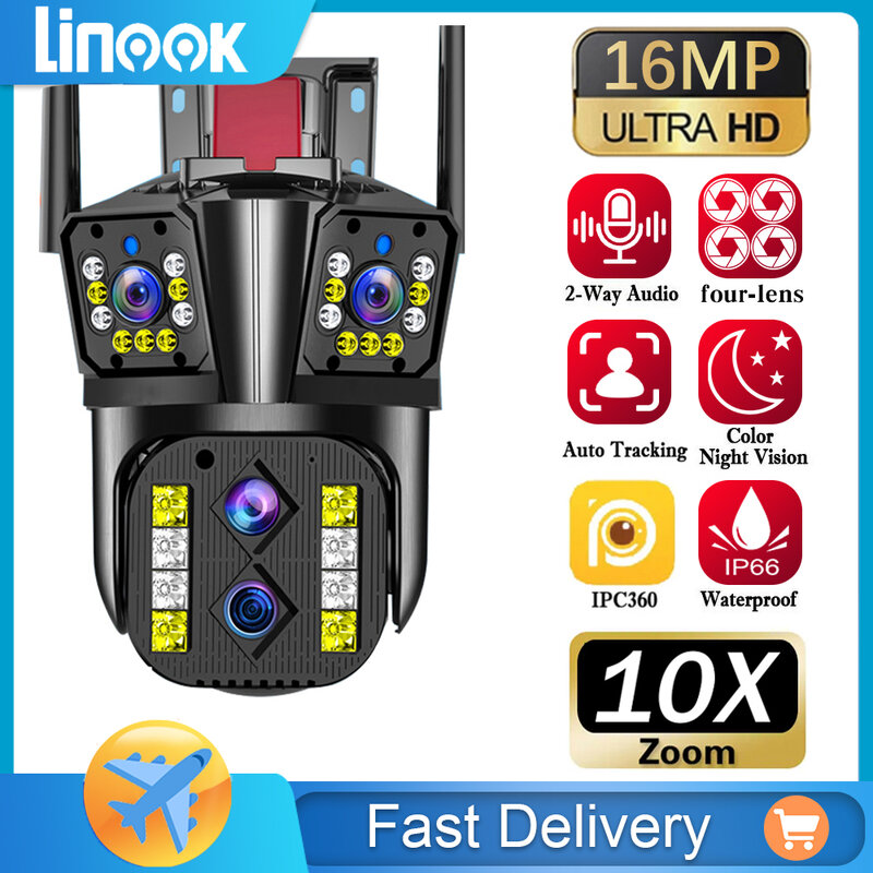 Linook-Câmera CCTV sem fio, 16MP Quad Lens, IP66 impermeável, rotação de 355 graus, câmera WiFi, APP: IPC360, monitoramento WiFi ao ar livre