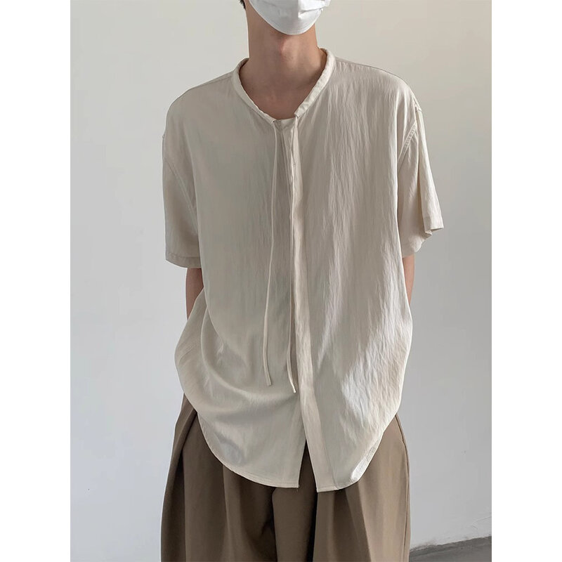 Korean Fashion Thin Short Sleeve Shirts for Men Casual 2024 Summer New Design O-neck Solid Color Loose Yoga Button Men Shirt Top