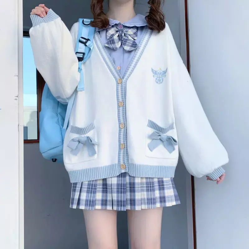 2023 jesienno-zimowy sweter damski luźny styl japoński słodki sweter dziergany haft Oversize Harajuku dla kobiet kardigany słodkie