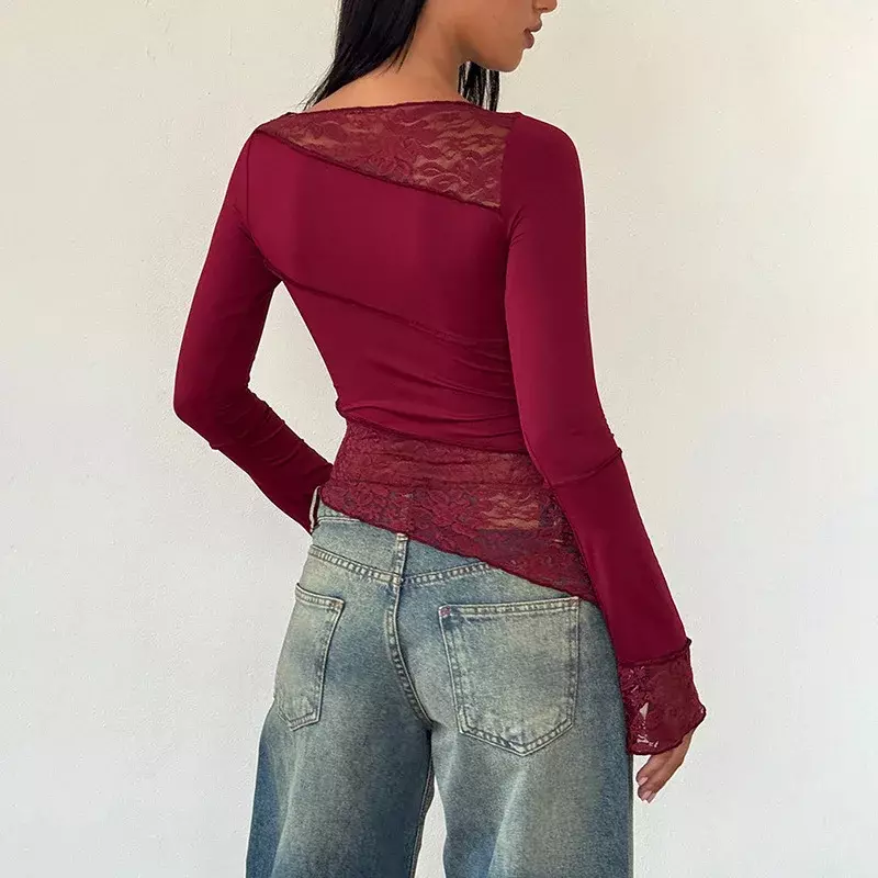 Women's Sexy Slim Crochet Patchwork Irregular T-shirts Mesh Lace Tops New O Neck Long Sleeve Tees Spring Summer T Shirts YWFD002