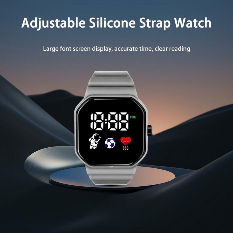 Student LED Watch Square Dial Legible Button Type Adjustable Wrist Silicone Strap Unisex Lightweight Children Wristwatch Mira
