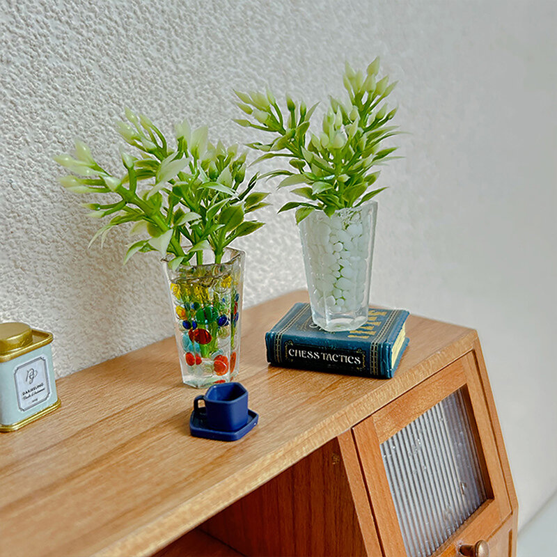 Dollhouse Miniature Glass Vase Enfeites de Plantas Verdes Acessórios da Casa de Boneca Decor Toy Presentes Artesanato Modelo 1:12