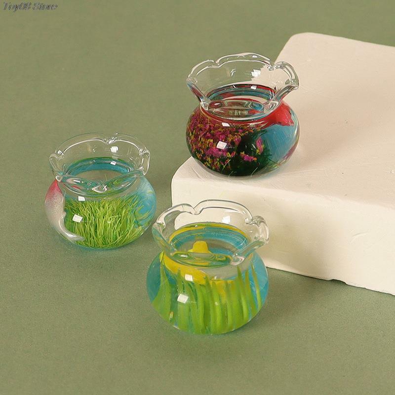 Dollhouse Mini Cat Fish Bowl para Bonecas, ornamento em vasos, decoração da sala, novos acessórios, 1:12, 3 peças por conjunto