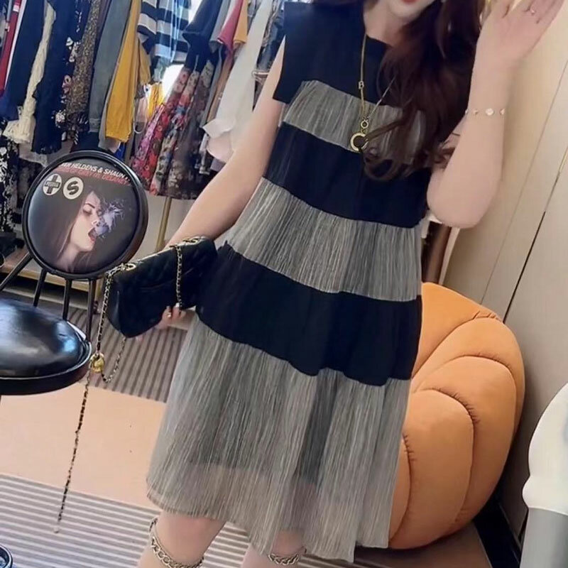 Luźne, patchworkowe sukienki w paski Odzież damska Linia A Kontrastowe kolory Letnia koreańska sukienka midi bez rękawów z okrągłym dekoltem