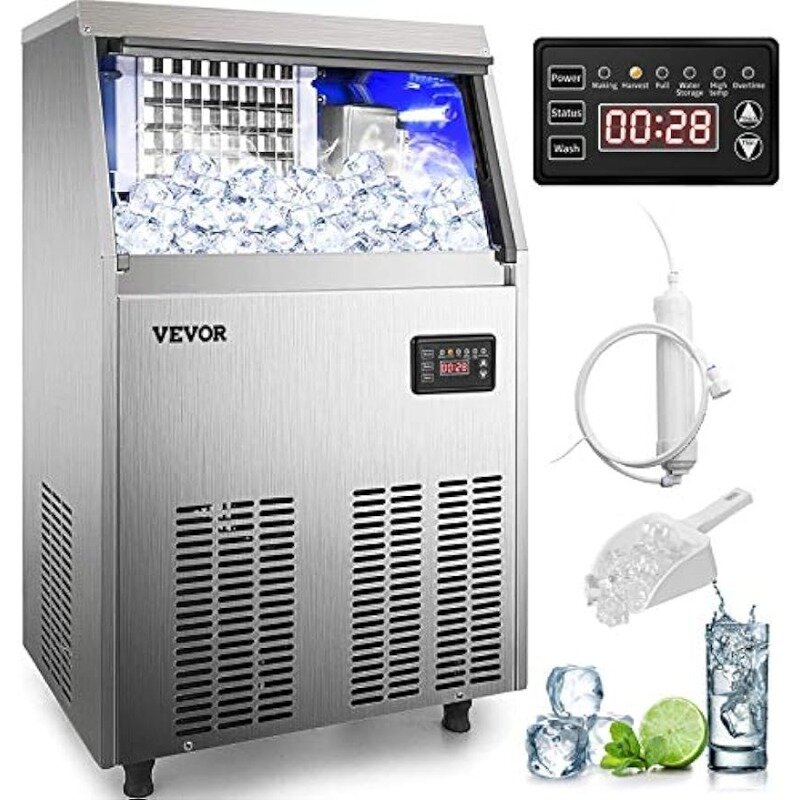Commercial Ice Maker Machine, 90-100LBS/24H with 33LBS Bin Stainless Steel Automatic Operation Commercial Ice Machine
